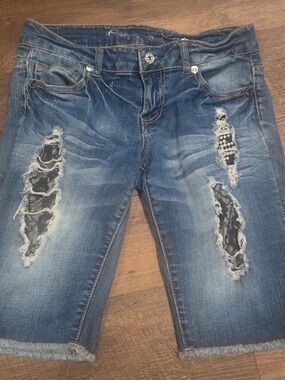 PINK Victoria's Secret Distressed Denim Bermuda Shorts with Lace Insets, Size 5